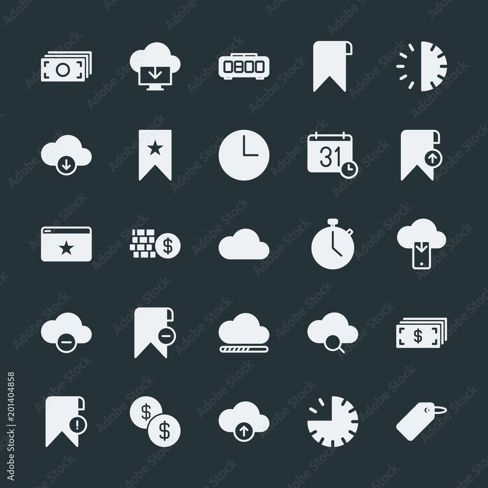 Poster modern simple set of money, cloud and networking, time, bookmarks vector fill icons. ..contains such