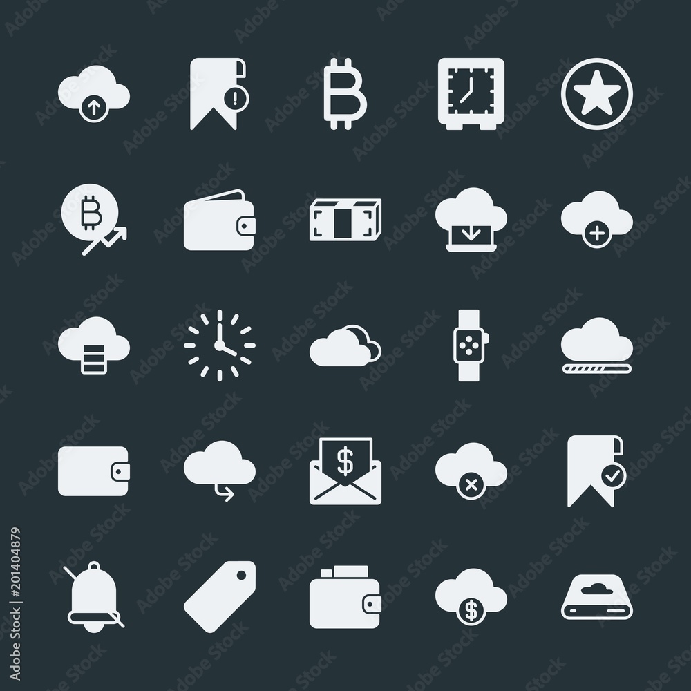 Poster modern simple set of money, cloud and networking, time, bookmarks vector fill icons. ..contains such