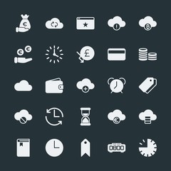 Modern Simple Set of money, cloud and networking, time, bookmarks Vector fill Icons. ..Contains such Icons as  symbol,  design, investment and more on dark background. Fully Editable. Pixel Perfect.