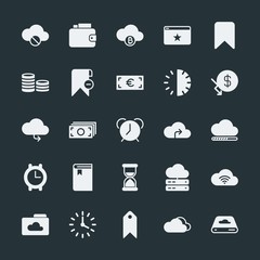 Modern Simple Set of money, cloud and networking, time, bookmarks Vector fill Icons. ..Contains such Icons as  weather,  currency, internet and more on dark background. Fully Editable. Pixel Perfect.