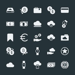 Modern Simple Set of money, cloud and networking, time, bookmarks Vector fill Icons. ..Contains such Icons as  data,  memory,  paper,  add and more on dark background. Fully Editable. Pixel Perfect.