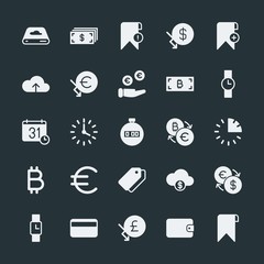 Modern Simple Set of money, cloud and networking, time, bookmarks Vector fill Icons. ..Contains such Icons as  dollar,  investment,  watch and more on dark background. Fully Editable. Pixel Perfect.