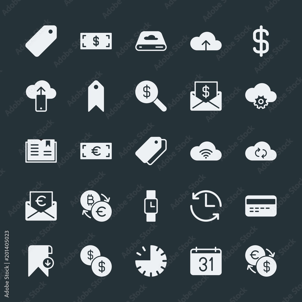 Poster modern simple set of money, cloud and networking, time, bookmarks vector fill icons. ..contains such