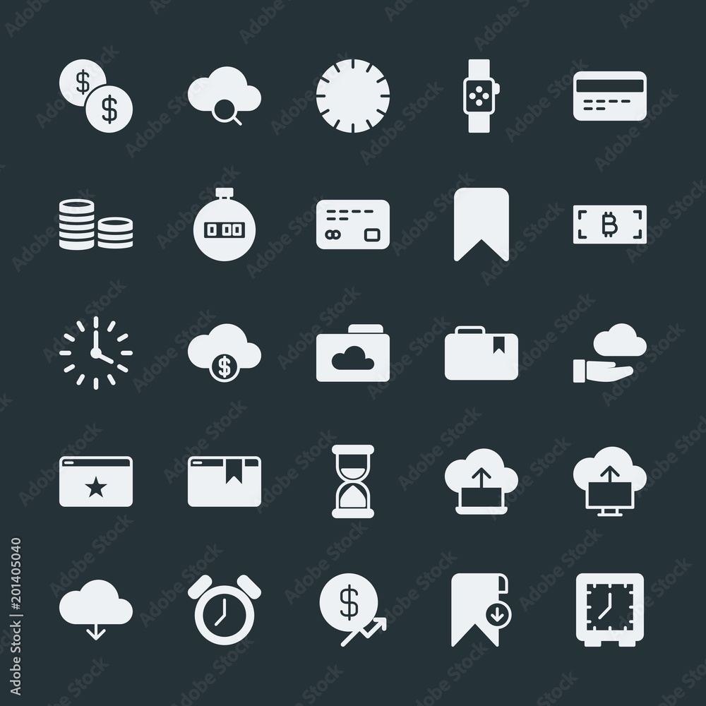 Poster modern simple set of money, cloud and networking, time, bookmarks vector fill icons. ..contains such