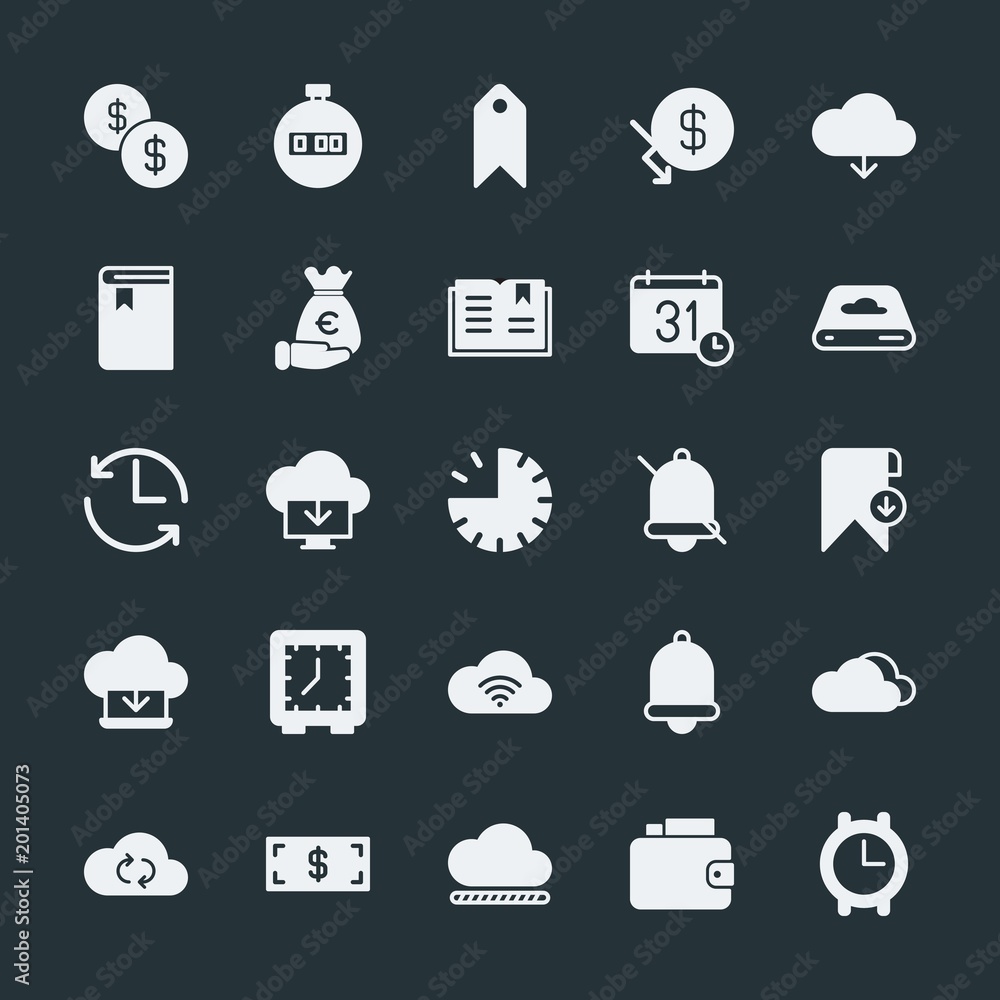 Poster modern simple set of money, cloud and networking, time, bookmarks vector fill icons. ..contains such