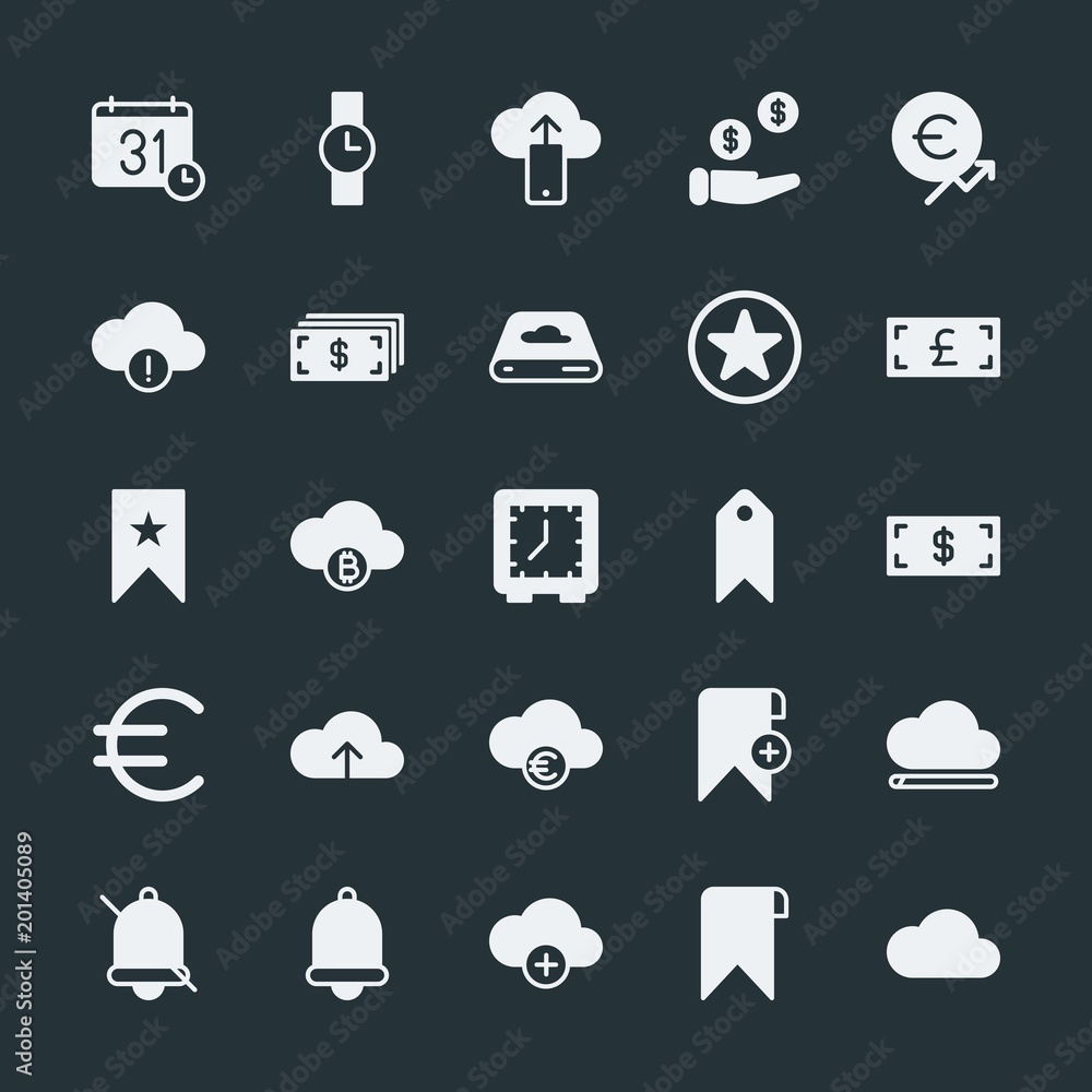 Poster modern simple set of money, cloud and networking, time, bookmarks vector fill icons. ..contains such