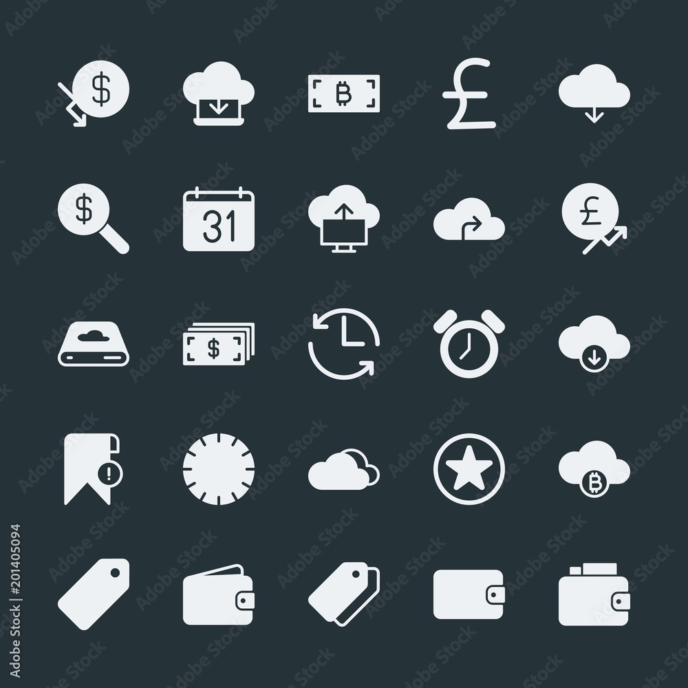 Poster modern simple set of money, cloud and networking, time, bookmarks vector fill icons. ..contains such