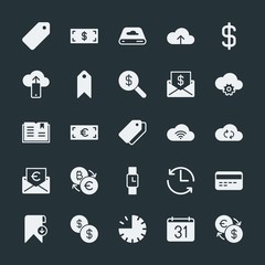 Modern Simple Set of money, cloud and networking, time, bookmarks Vector fill Icons. ..Contains such Icons as  symbol,  change, bookmark and more on dark background. Fully Editable. Pixel Perfect.