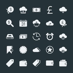 Modern Simple Set of money, cloud and networking, time, bookmarks Vector fill Icons. ..Contains such Icons as  network, wealth, data,  sale and more on dark background. Fully Editable. Pixel Perfect.