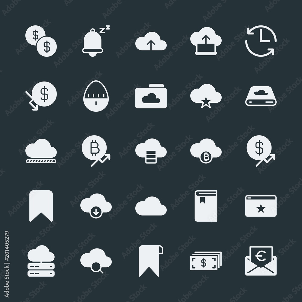 Poster modern simple set of money, cloud and networking, time, bookmarks vector fill icons. ..contains such