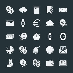 Modern Simple Set of money, cloud and networking, time, bookmarks Vector fill Icons. ..Contains such Icons as purse, technology,  graph, web and more on dark background. Fully Editable. Pixel Perfect.