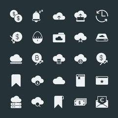 Modern Simple Set of money, cloud and networking, time, bookmarks Vector fill Icons. ..Contains such Icons as  investment,  vector, finance and more on dark background. Fully Editable. Pixel Perfect.