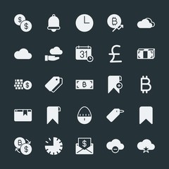Modern Simple Set of money, cloud and networking, time, bookmarks Vector fill Icons. ..Contains such Icons as  change,  money,  sky,  nature and more on dark background. Fully Editable. Pixel Perfect.