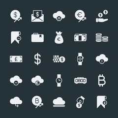 Modern Simple Set of money, cloud and networking, time, bookmarks Vector fill Icons. ..Contains such Icons as  paper,  clock,  euro,  money and more on dark background. Fully Editable. Pixel Perfect.