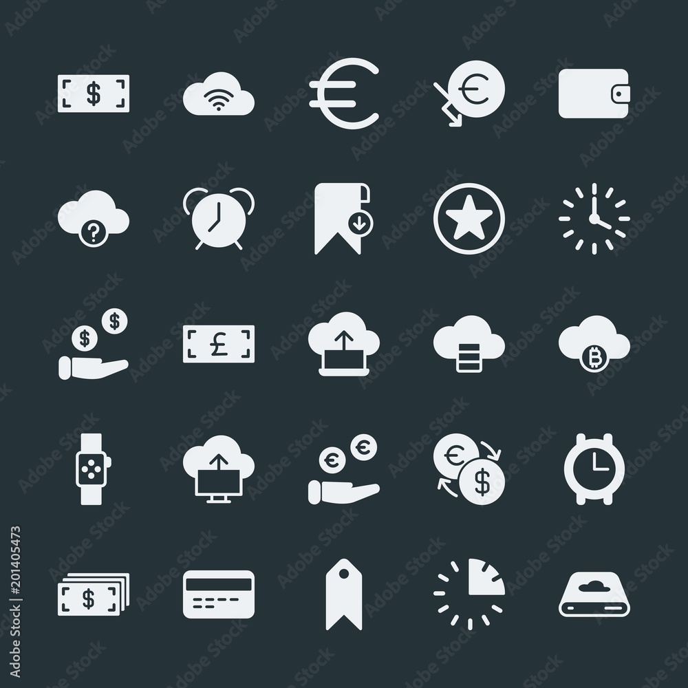Poster modern simple set of money, cloud and networking, time, bookmarks vector fill icons. ..contains such