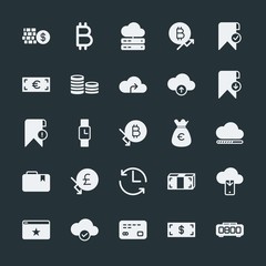 Modern Simple Set of money, cloud and networking, time, bookmarks Vector fill Icons. ..Contains such Icons as  data,  add,  dollar,  alarm and more on dark background. Fully Editable. Pixel Perfect.