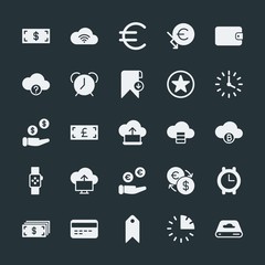 Modern Simple Set of money, cloud and networking, time, bookmarks Vector fill Icons. ..Contains such Icons as  cloud,  graph,  memory,  min and more on dark background. Fully Editable. Pixel Perfect.