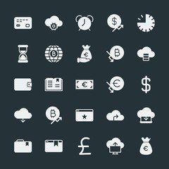 Modern Simple Set of money, cloud and networking, time, bookmarks Vector fill Icons. ..Contains such Icons as  design,  wake,  internet, bag and more on dark background. Fully Editable. Pixel Perfect.