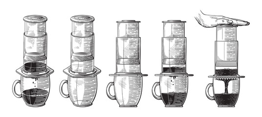 Vintage illustration of alternative brewing of aeropress with pushing hand scheme process