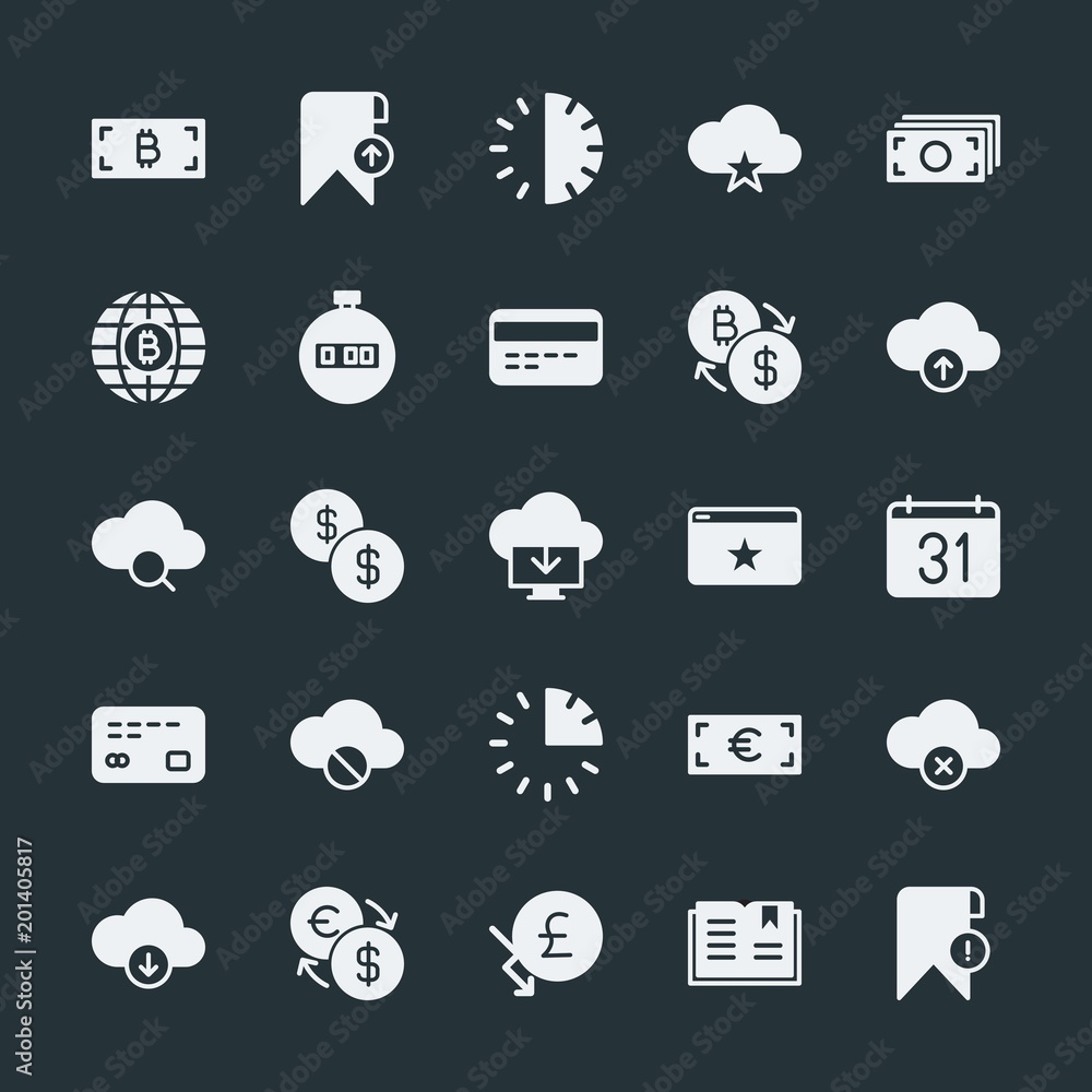 Poster modern simple set of money, cloud and networking, time, bookmarks vector fill icons. ..contains such