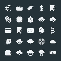 Modern Simple Set of money, cloud and networking, time, bookmarks Vector fill Icons. ..Contains such Icons as money,  download,  cash,  icon and more on dark background. Fully Editable. Pixel Perfect.