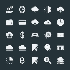 Modern Simple Set of money, cloud and networking, time, bookmarks Vector fill Icons. ..Contains such Icons as  network,  server, time, data and more on dark background. Fully Editable. Pixel Perfect.