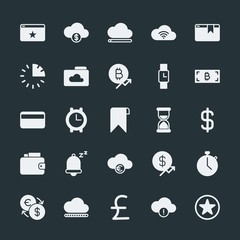 Modern Simple Set of money, cloud and networking, time, bookmarks Vector fill Icons. ..Contains such Icons as  cash, cloud,  business,  flat and more on dark background. Fully Editable. Pixel Perfect.