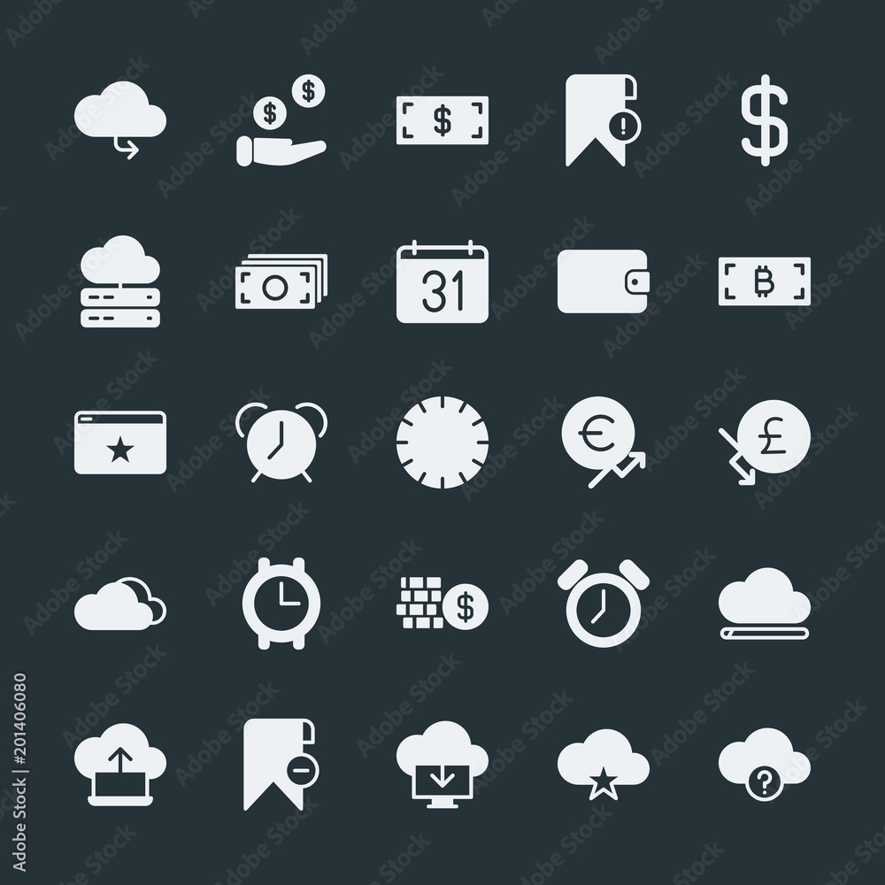 Poster modern simple set of money, cloud and networking, time, bookmarks vector fill icons. ..contains such