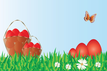 red Easter eggs vector - green grass, daisy flowers, butterfly and blue sky background