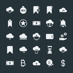Modern Simple Set of money, cloud and networking, time, bookmarks Vector fill Icons. ..Contains such Icons as  template,  paper,  icon, time and more on dark background. Fully Editable. Pixel Perfect.