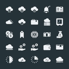 Modern Simple Set of money, cloud and networking, time, bookmarks Vector fill Icons. ..Contains such Icons as  paper,  sky, database,  white and more on dark background. Fully Editable. Pixel Perfect.