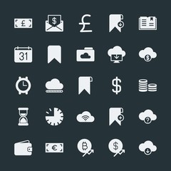 Modern Simple Set of money, cloud and networking, time, bookmarks Vector fill Icons. ..Contains such Icons as financial, information,  mark and more on dark background. Fully Editable. Pixel Perfect.