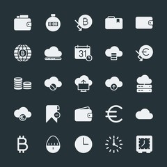 Modern Simple Set of money, cloud and networking, time, bookmarks Vector fill Icons. ..Contains such Icons as  time,  leather, stop,  symbol and more on dark background. Fully Editable. Pixel Perfect.