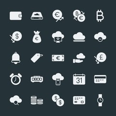Modern Simple Set of money, cloud and networking, time, bookmarks Vector fill Icons. ..Contains such Icons as  credit,  change,  debit,  day and more on dark background. Fully Editable. Pixel Perfect.