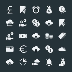 Modern Simple Set of money, cloud and networking, time, bookmarks Vector fill Icons. ..Contains such Icons as  symbol,  timer,  business,  and more on dark background. Fully Editable. Pixel Perfect.