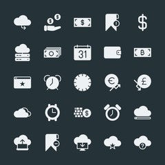 Modern Simple Set of money, cloud and networking, time, bookmarks Vector fill Icons. ..Contains such Icons as  symbol,  mark, calendar,  pay and more on dark background. Fully Editable. Pixel Perfect.