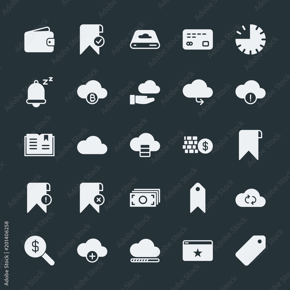 Poster modern simple set of money, cloud and networking, time, bookmarks vector fill icons. ..contains such