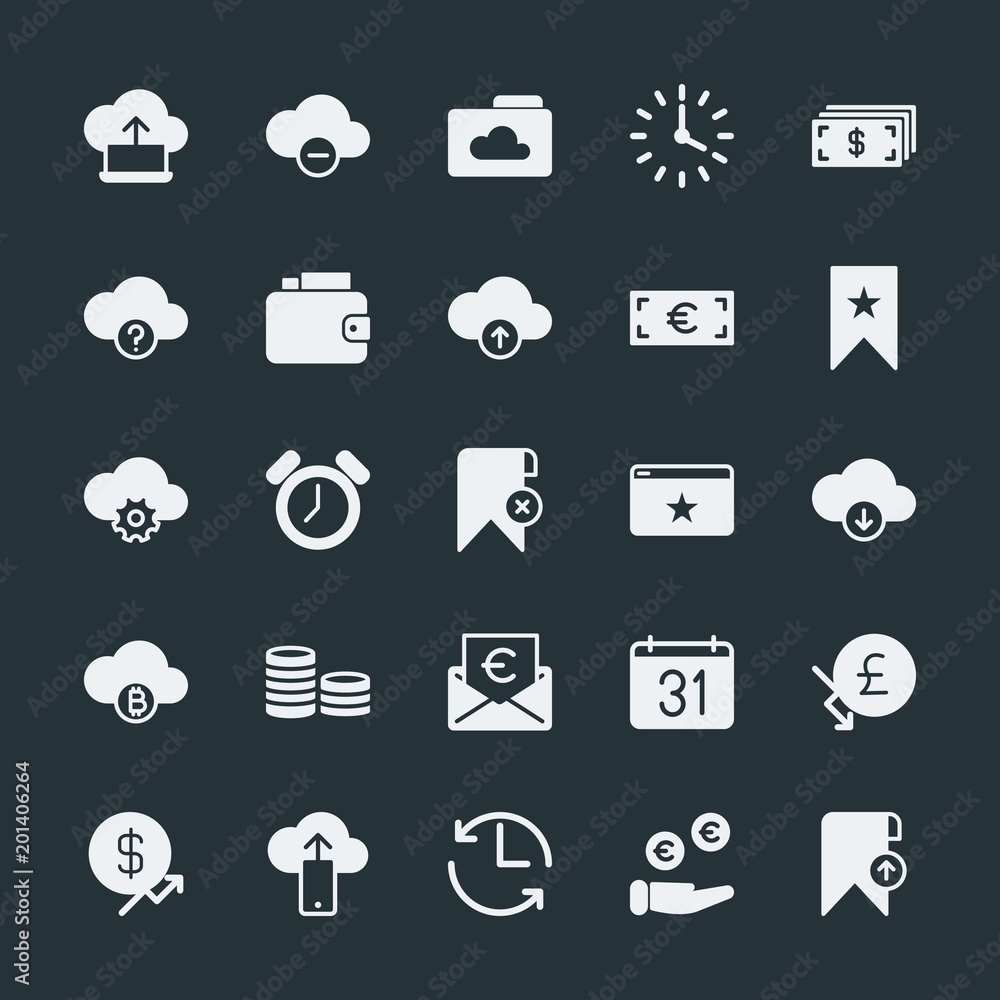 Poster modern simple set of money, cloud and networking, time, bookmarks vector fill icons. ..contains such