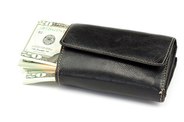 black leather wallet with money isolated on white background