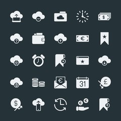 Modern Simple Set of money, cloud and networking, time, bookmarks Vector fill Icons. ..Contains such Icons as  timer,  clock, clock,  wake and more on dark background. Fully Editable. Pixel Perfect.