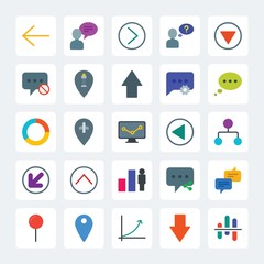 Modern Simple Set of location, arrows, charts, chat and messenger Vector flat Icons. .Contains such Icons as  white, chat,  share,  location and more on gray background. Fully Editable. Pixel Perfect
