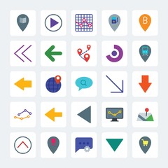 Modern Simple Set of location, arrows, charts, chat and messenger Vector flat Icons. .Contains such Icons as  location,  travel,  sign, right and more on gray background. Fully Editable. Pixel Perfect