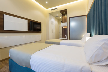 Interior of a double bed hotel bedroom
