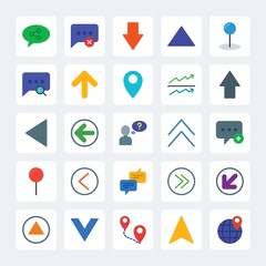 Modern Simple Set of location, arrows, charts, chat and messenger Vector flat Icons. .Contains such Icons as up,  circle,  icon,  pin,  next and more on gray background. Fully Editable. Pixel Perfect