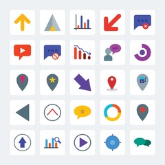 Modern Simple Set of location, arrows, charts, chat and messenger Vector flat Icons. .Contains such Icons as  symbol,  presentation,  diagram and more on gray background. Fully Editable. Pixel Perfect