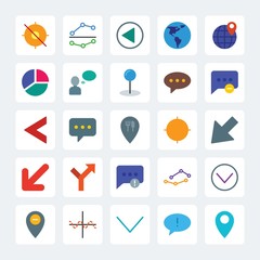 Modern Simple Set of location, arrows, charts, chat and messenger Vector flat Icons. .Contains such Icons as earth,  chart,  message,  next and more on gray background. Fully Editable. Pixel Perfect
