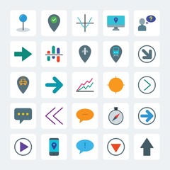 Modern Simple Set of location, arrows, charts, chat and messenger Vector flat Icons. .Contains such Icons as  vector,  location, airport,  up and more on gray background. Fully Editable. Pixel Perfect