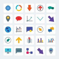 Modern Simple Set of location, arrows, charts, chat and messenger Vector flat Icons. .Contains such Icons as  cursor,  pie, petrol,  location and more on gray background. Fully Editable. Pixel Perfect