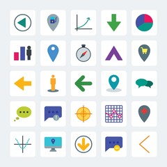 Modern Simple Set of location, arrows, charts, chat and messenger Vector flat Icons. .Contains such Icons as  pie, business,  graph,  next and more on gray background. Fully Editable. Pixel Perfect