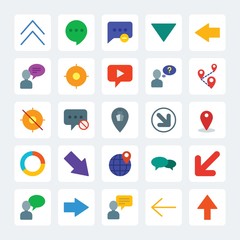 Modern Simple Set of location, arrows, charts, chat and messenger Vector flat Icons. .Contains such Icons as  white,  video, left,  text,  up and more on gray background. Fully Editable. Pixel Perfect